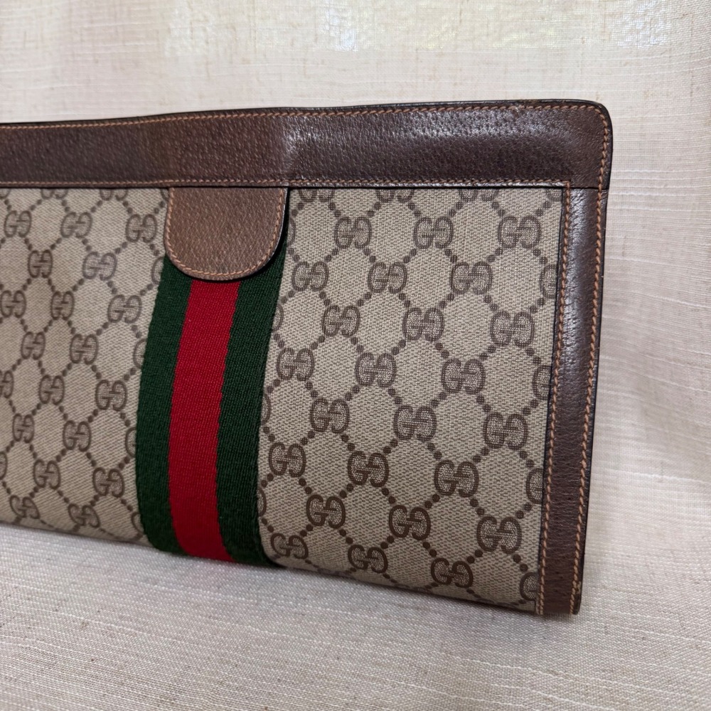Vintage Gucci Clutch GG Supreme Web Sherry Line Stripe Brown Leather Canvas Bag - Picture 4 of 13